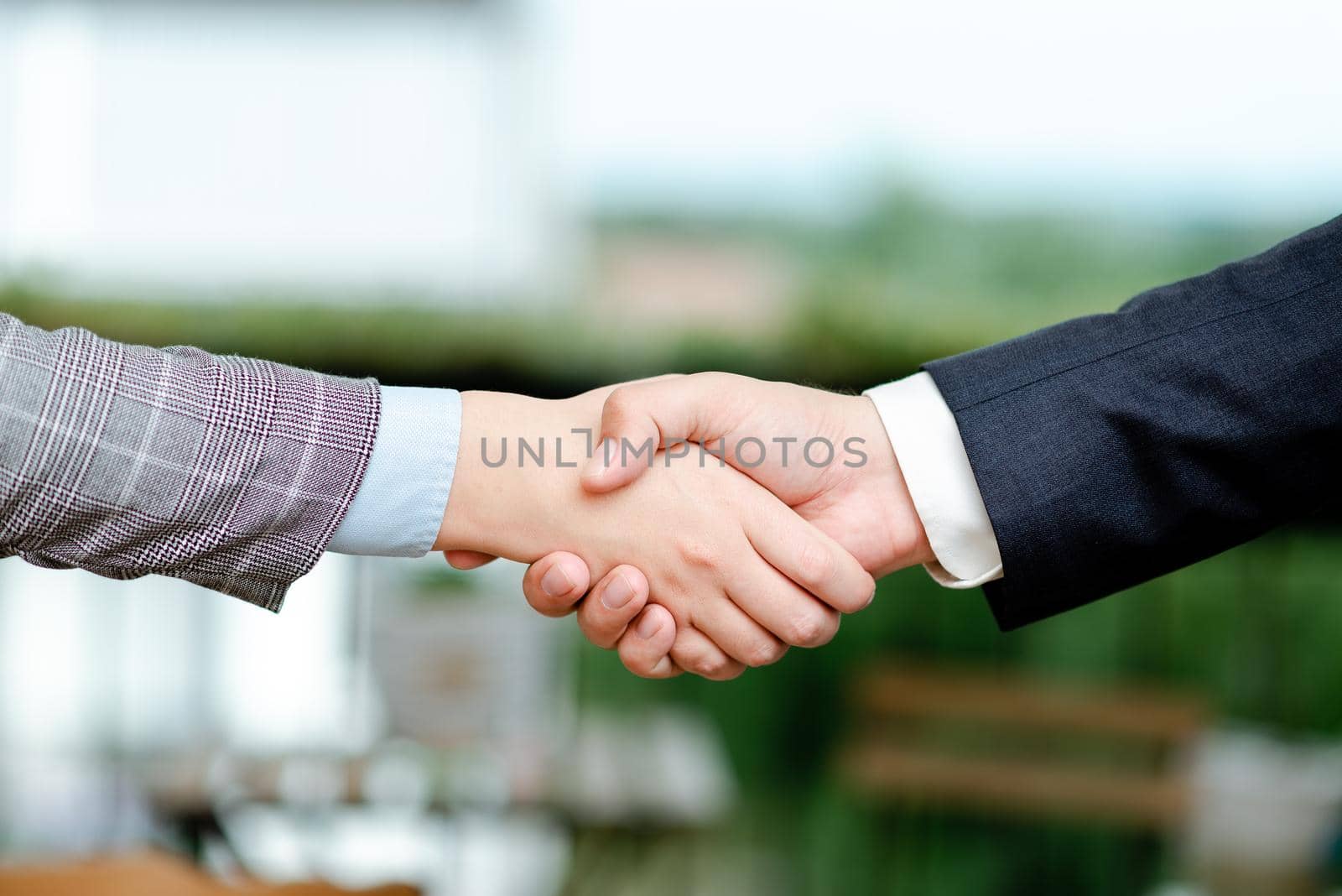 Corporate Businessmen Handshake Indoors.Two People Professionally Well Dressed Gesturing Togetherness.Working Colleague Partners Sign Deal In Agreement To Contract by nialowwa