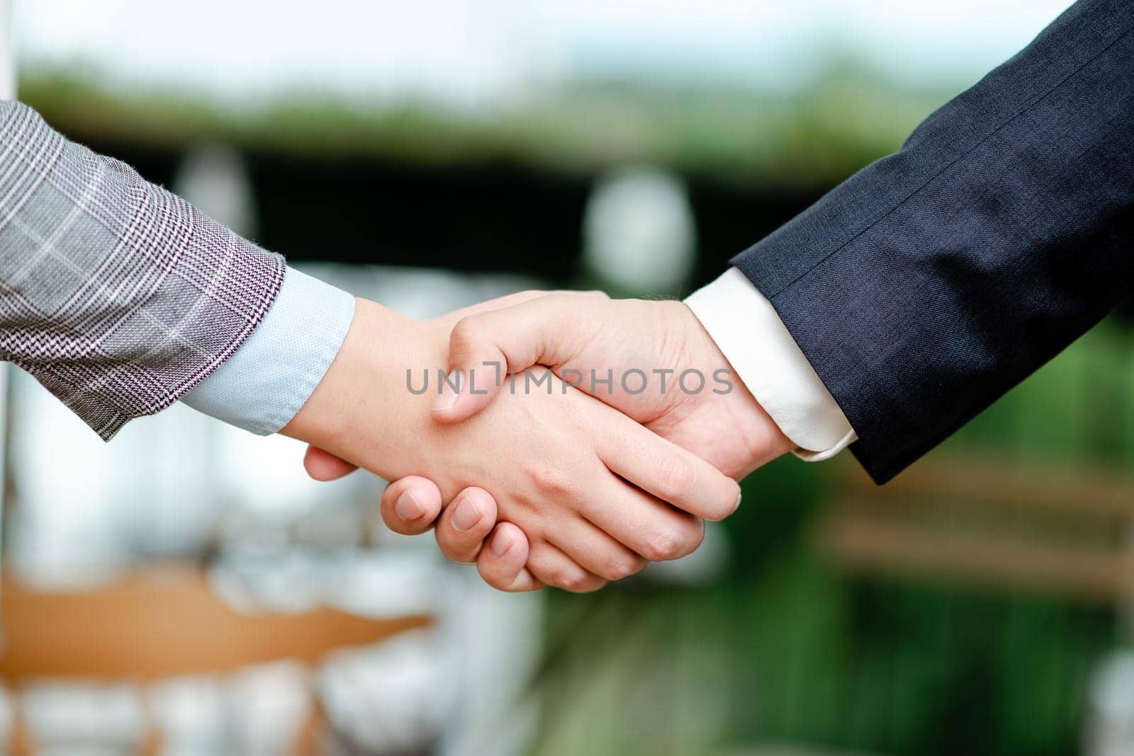 Corporate Businessmen Handshake Indoors.Two People Professionally Well Dressed Gesturing Togetherness.Working Colleague Partners Sign Deal In Agreement To Contract by nialowwa