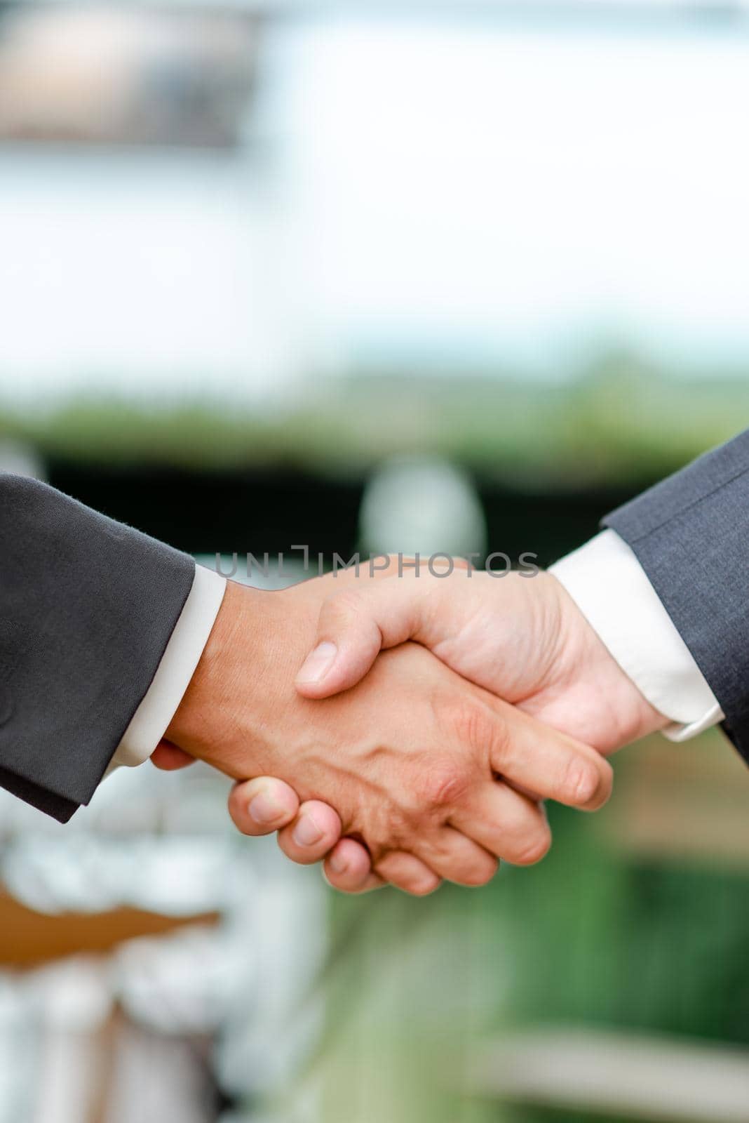 Corporate Businessmen Handshake Indoors.Two People Professionally Well Dressed Gesturing Togetherness.Working Colleague Partners Sign Deal In Agreement To Contract by nialowwa