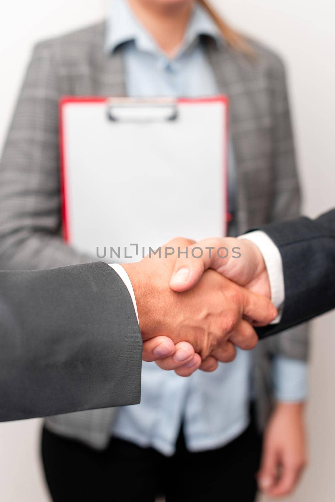 Corporate Businessmen Handshake Indoors.Two People Professionally Well Dressed Gesturing Togetherness.Working Colleague Partners Sign Deal In Agreement To Contract by nialowwa