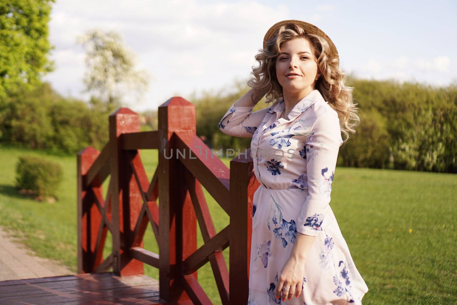 Beautiful woman in summer dress and straw hat stands on birch bridge in the park by natali_brill