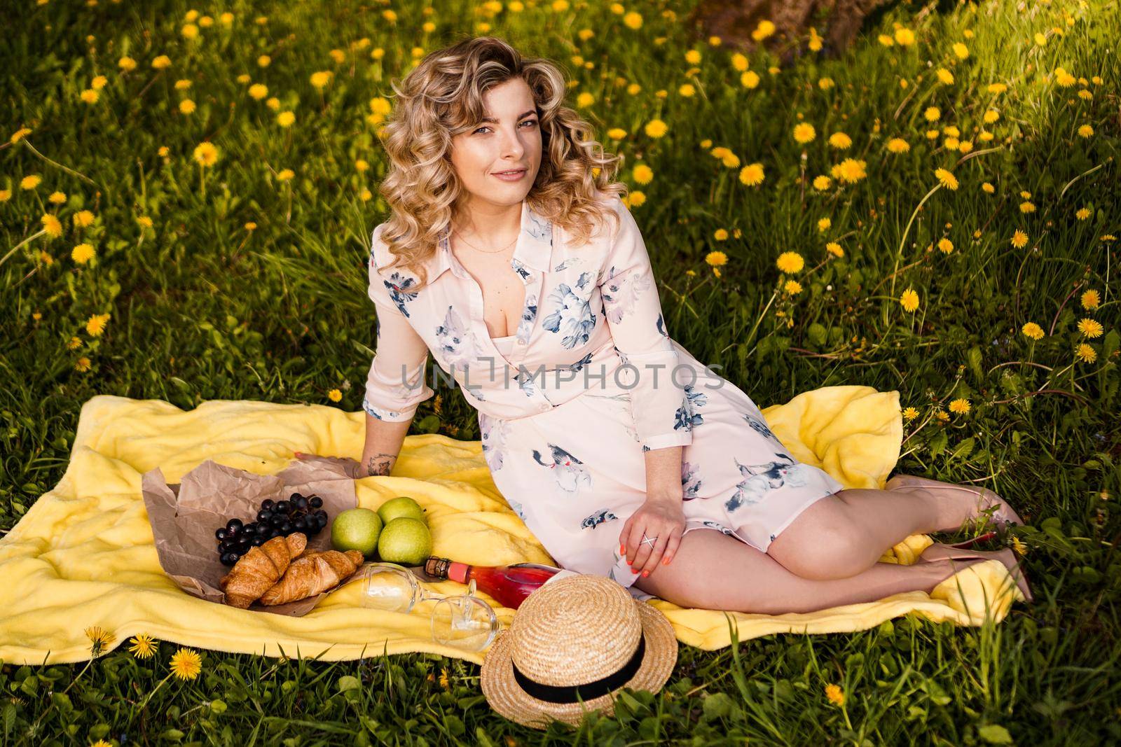 Beautiful woman, weekend out for a walk in a picnic park in the summer garden by natali_brill