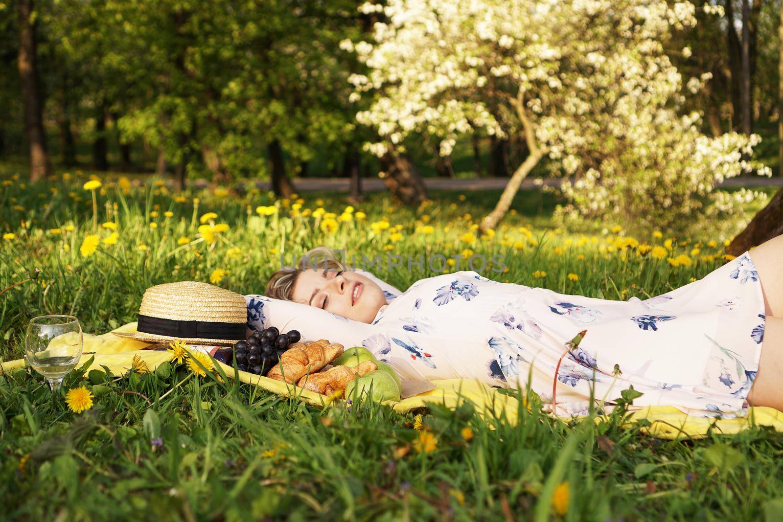 Young girl lying on the plaid with wine and fresh food. Picnic. Natural light