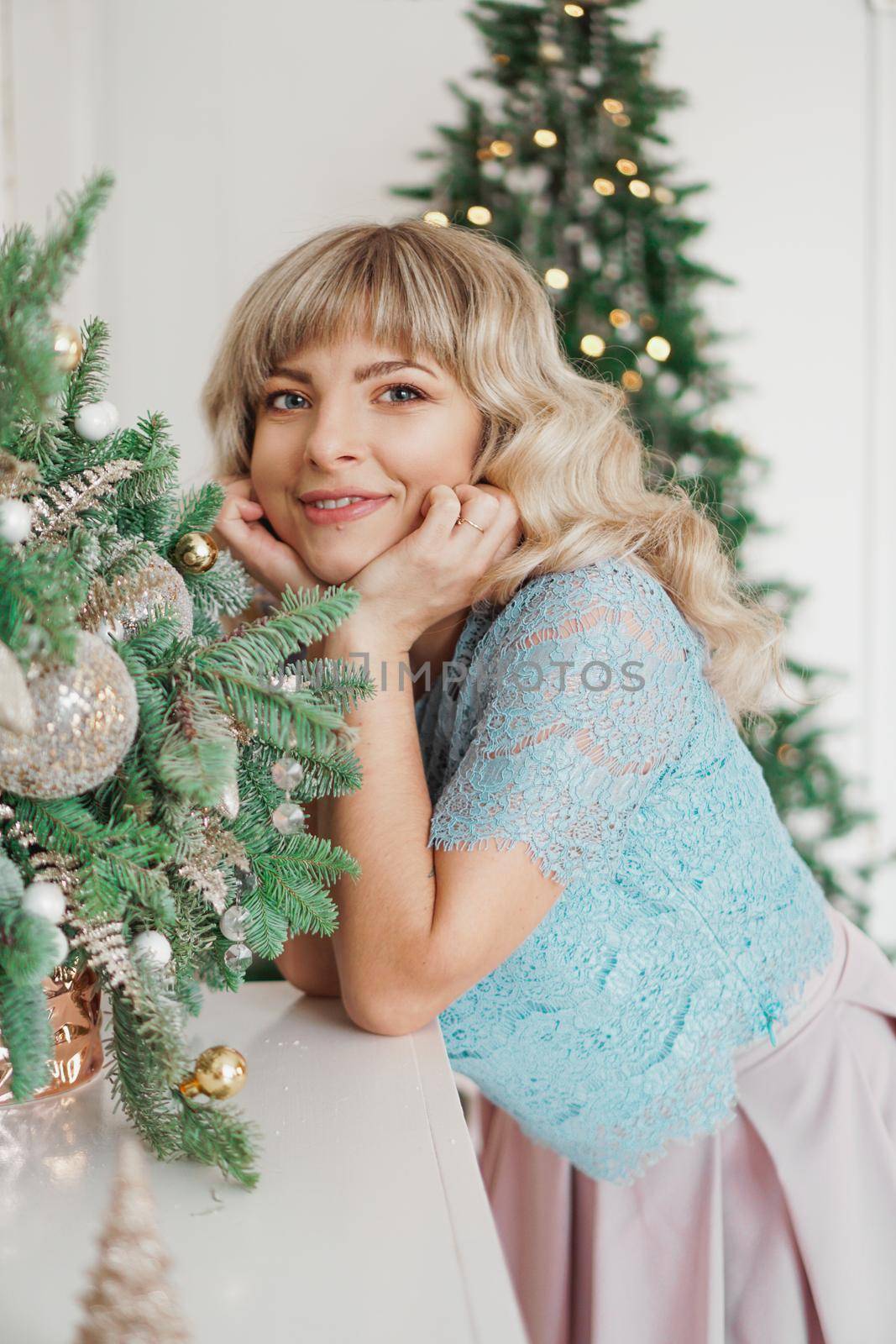 Charming Girl with Beautiful Make-up on Face in gold and white interior. by natali_brill