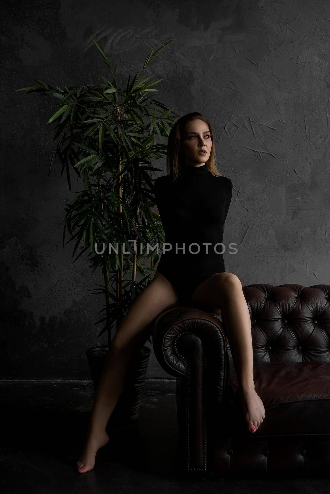 Beautiful sexy woman on leather sofa by natali_brill