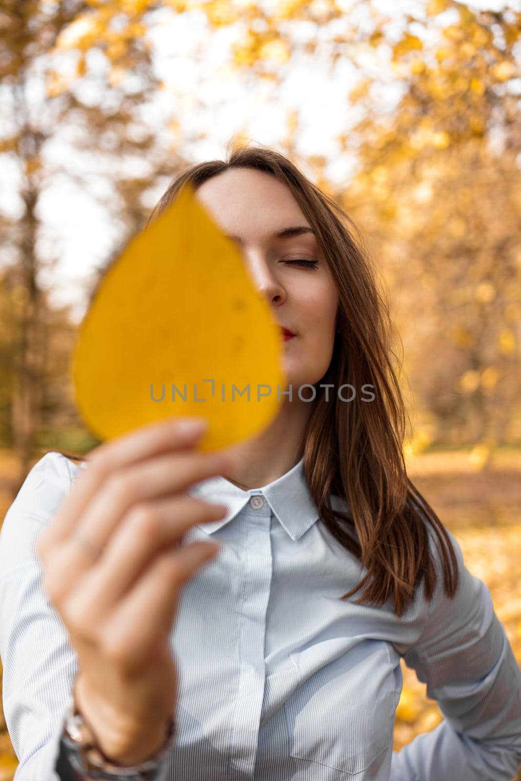 Portrait of beautiful young woman in autumn park by natali_brill