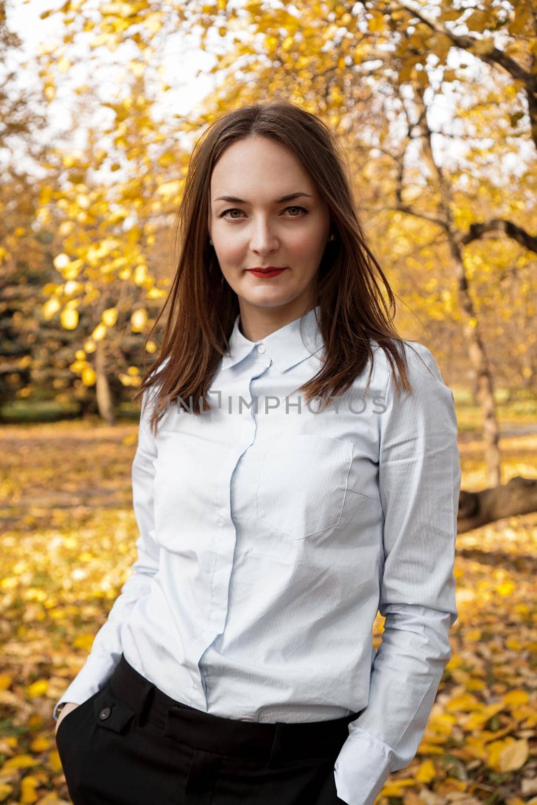 Portrait of beautiful young woman in autumn park by natali_brill
