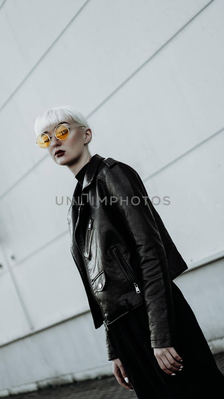 Portrait of woman with white hair and glasses. Modern urban style by natali_brill