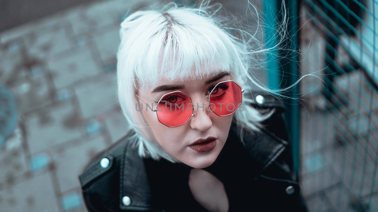 Portrait of woman with white hair and glasses. Modern urban style by natali_brill