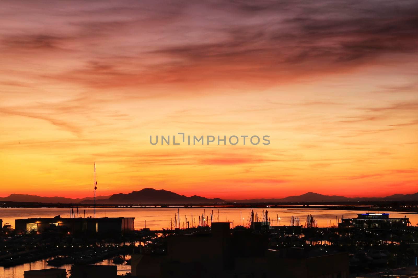 Beautiful and colorful Sunset in Santa Pola, a small fishing village in southern Spain