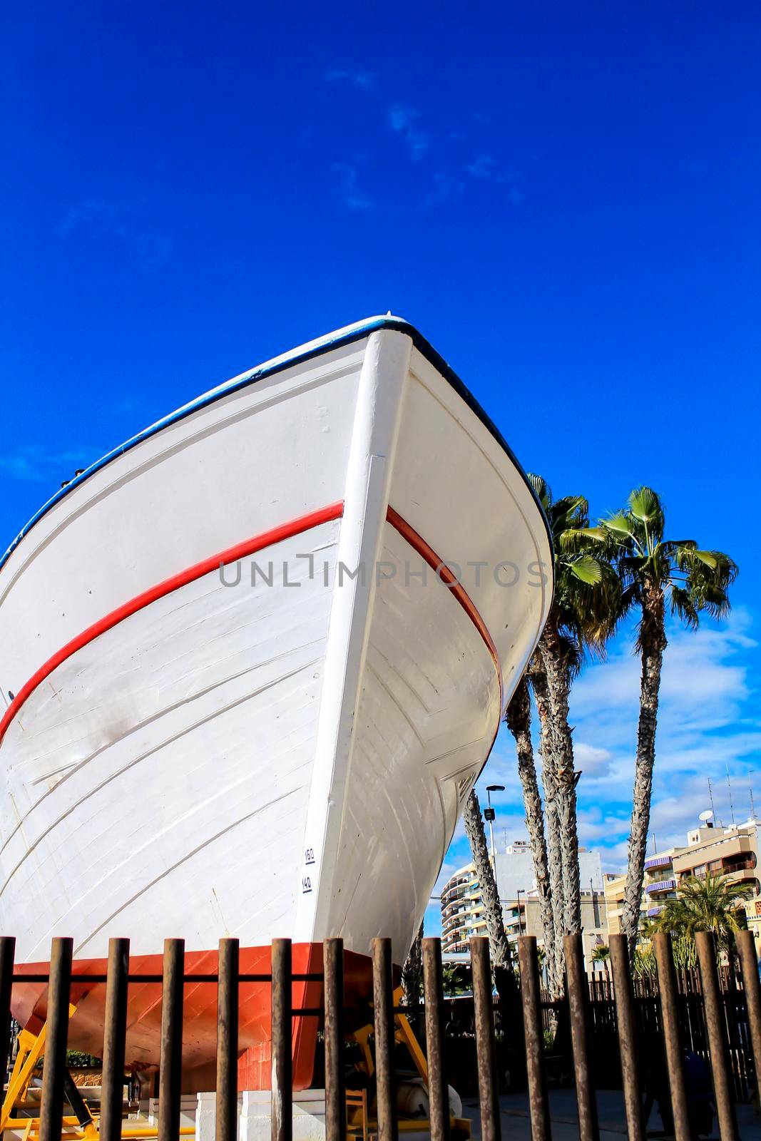 Fishing boat in a square in Santa Pola a small fishing village in southern Spain