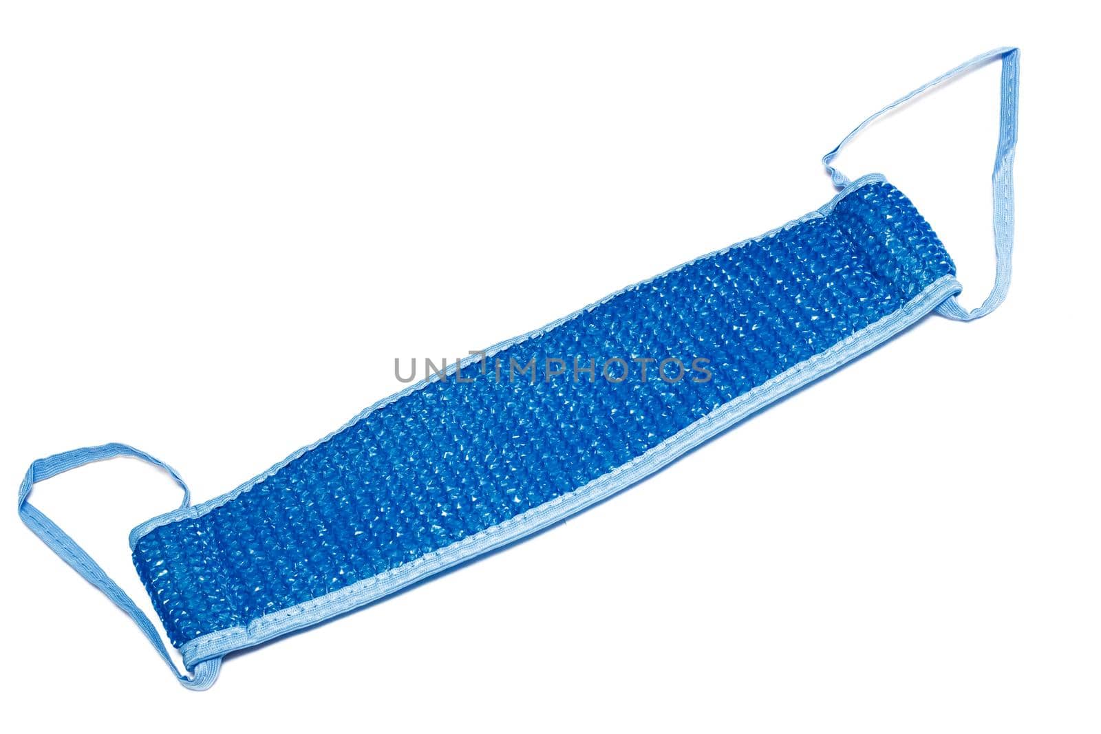 Blue sponge for body wash close up, isolated on white background