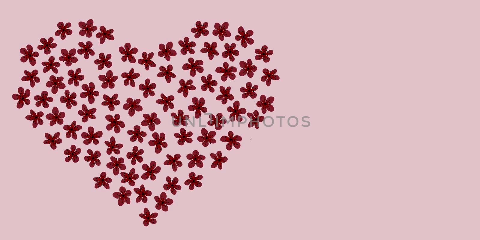 Modern Business card Design Template with heart made of cherry color sakura flowers decoration on pink background. Template of premium gift voucher, discount coupon, Greeting card, packing. Copy space