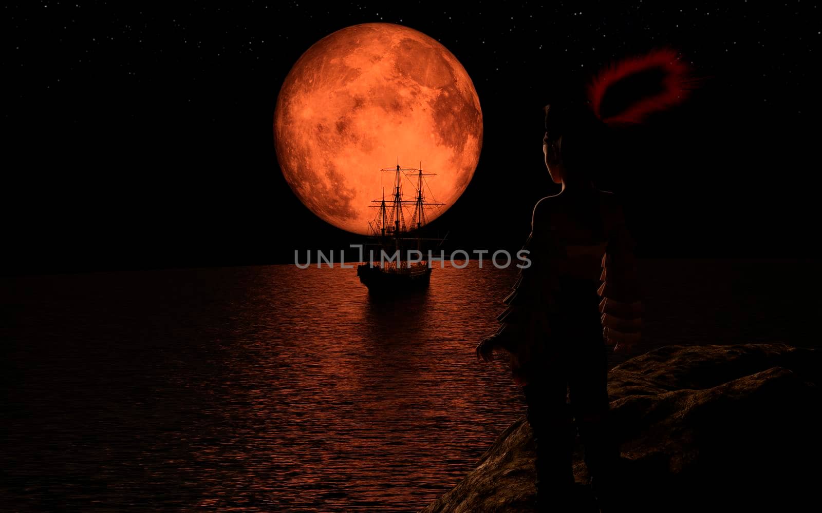 Pirate sailboat at the full red moon. The pirate woman standing on a rock. by ankarb