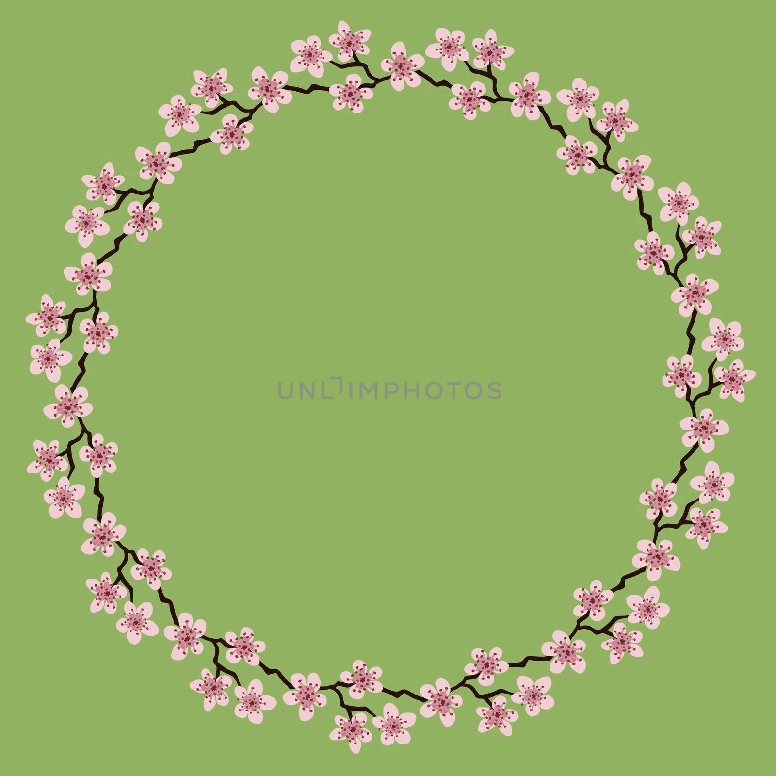Colorful flowers wreath.Delicate wreath of sakura branches.Flowers blossom hand drawn,circle frame of pink colors flowers on olive.Design for invitation, wedding invitation or greeting cards.Copyspace