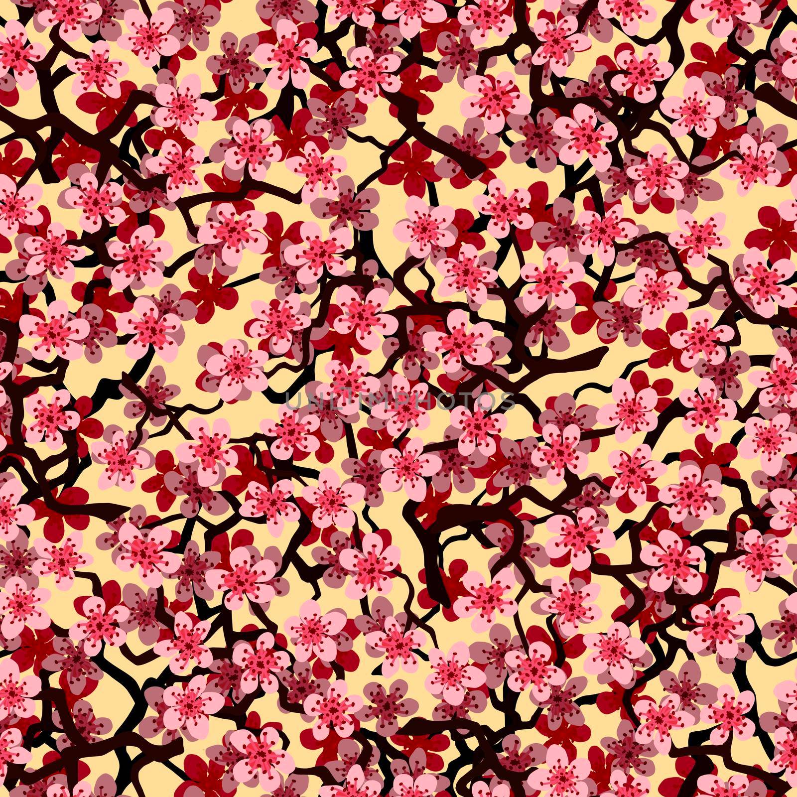 Seamless pattern with blossoming Japanese cherry sakura branches for fabric,packaging,wallpaper,textile decor,design, invitations,print,gift wrap,manufacturing.Pink flowers on yellow background. by Angelsmoon