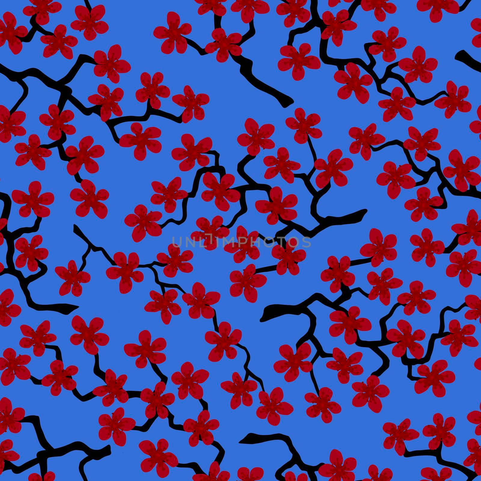 Seamless pattern with blossoming Japanese cherry sakura branches for fabric, packaging, wallpaper, textile decor, design, invitations, print, gift wrap, manufacturing. Red flowers on cyan background