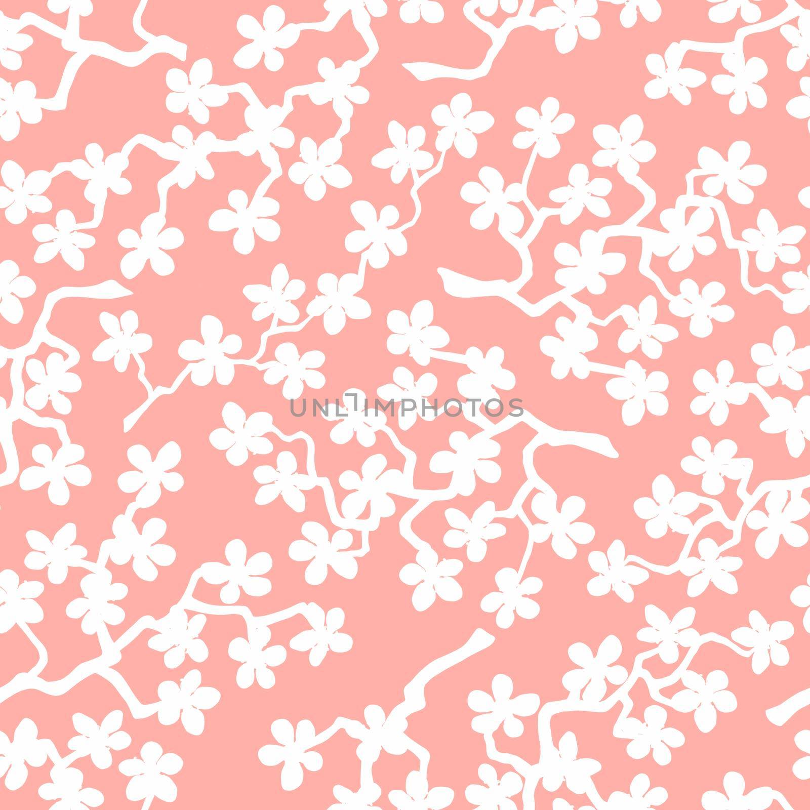 Seamless pattern with blossoming Japanese cherry sakura branches for fabric, packaging, wallpaper, textile decor, design, invitations, print, gift wrap, manufacturing. White flowers on pink background