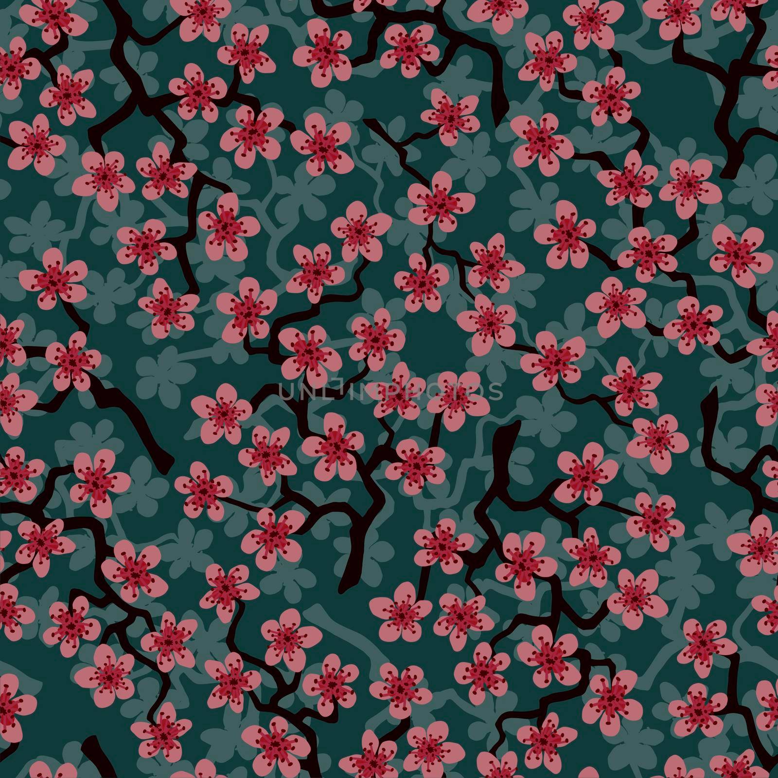 Seamless pattern with blossoming Japanese cherry sakura branches for fabric,packaging,wallpaper,textile decor,design, invitations,print,gift wrap,manufacturing.Pink flowers on olive background. by Angelsmoon