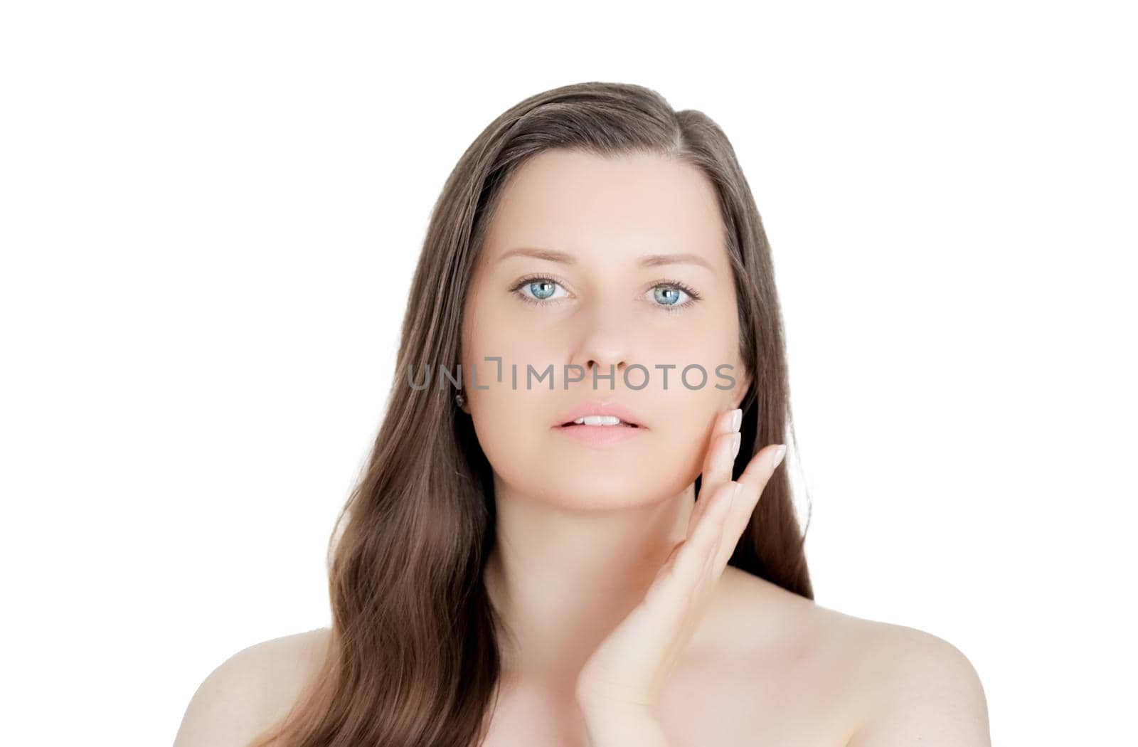 Beautiful woman with natural look, perfect skin as make-up and wellness concept, isolated on white background. Face portrait of young female model for skincare cosmetics and luxury beauty ad design by Anneleven