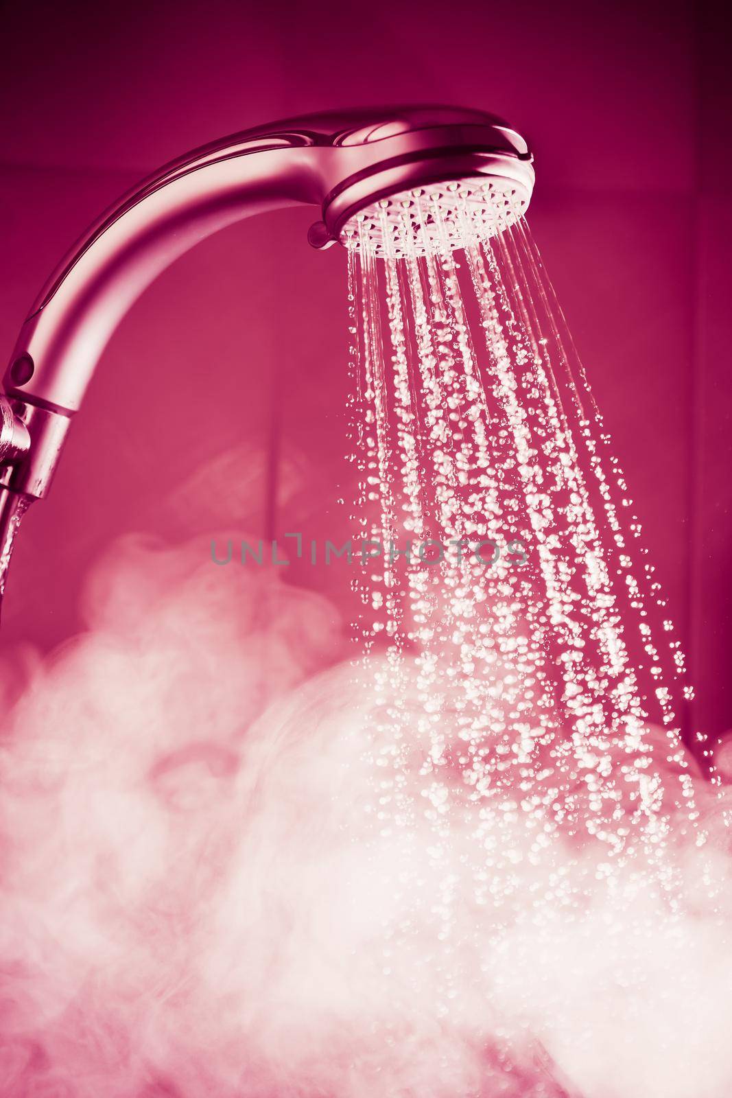 shower with water and steam, pink tone