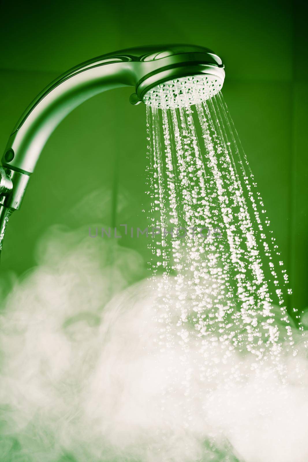 shower with water and steam, green tone