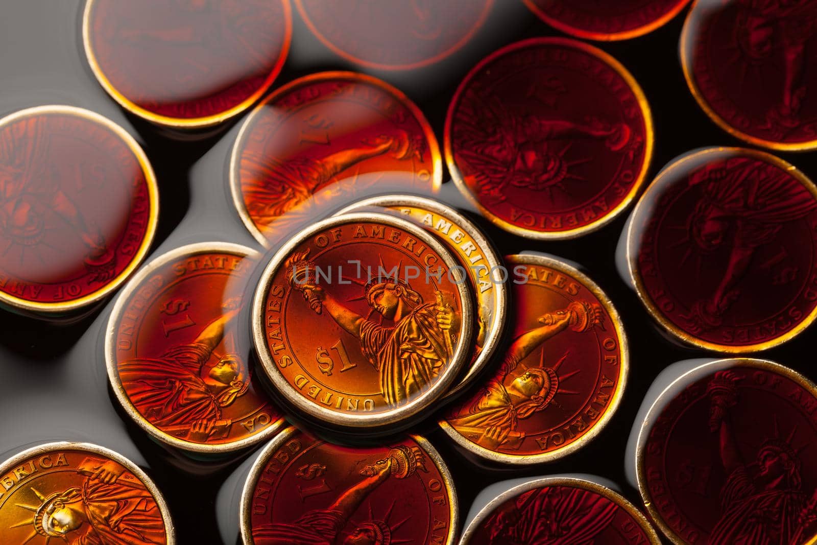 dollar coins in the crude oil - barrel price concept