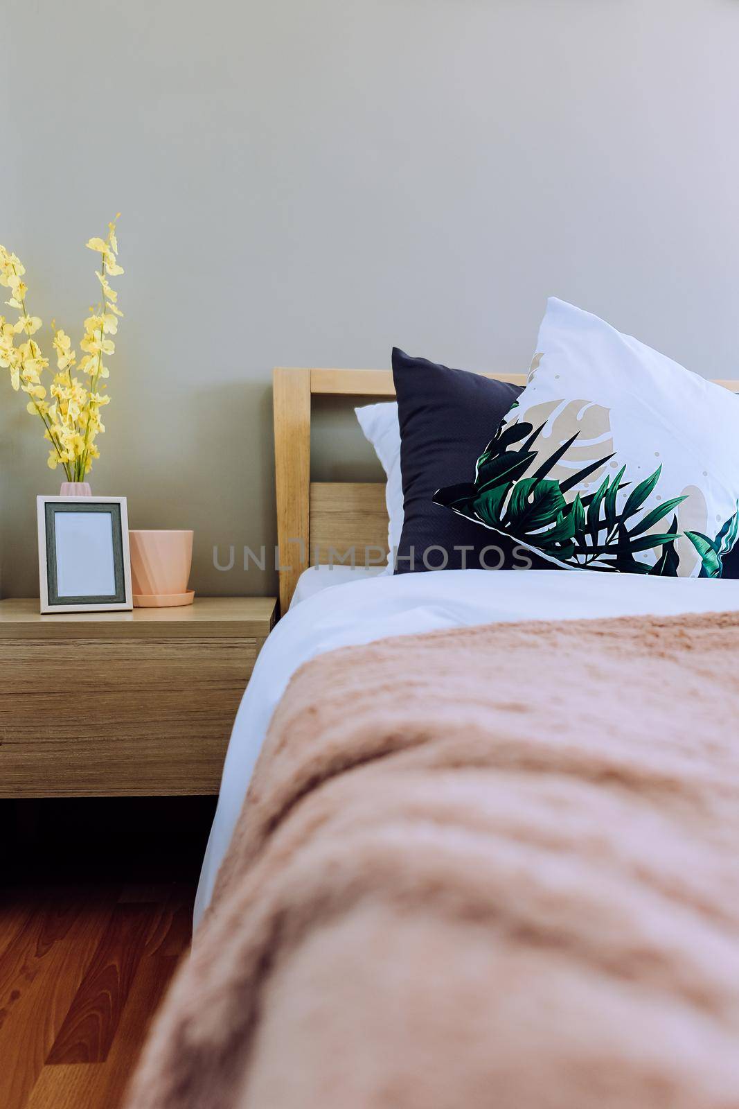 Modern white bed and pillow in the morning mood,interior decoration