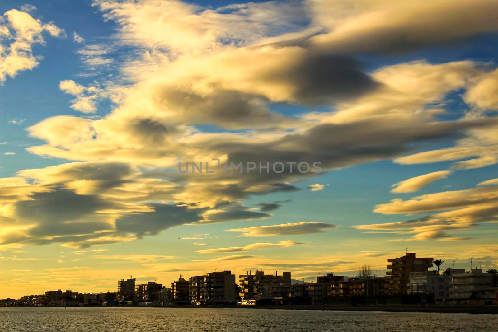 Colorful and Beautiful sky and sea at Sunset in Santa Pola, a small fishing village in southern Spain