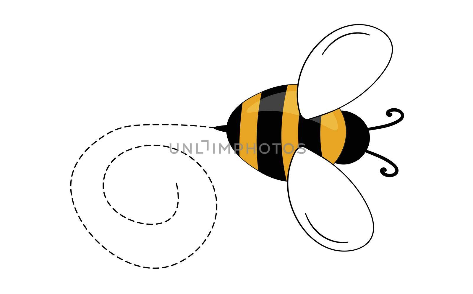 Cartoon bee mascot. A small bees flying on a dotted route. Wasp collection. Vector characters. Incest icon. Template design for invitation, cards. Doodle style.