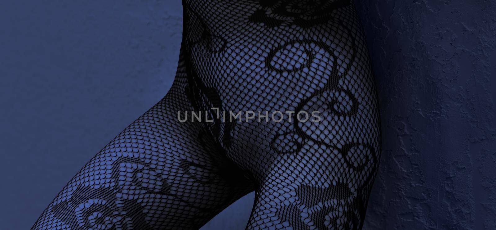 Seductive naked woman in fishnet tights. Young woman posing on white background in the sexy  clothes. Slim sexy female figure. Girl in lingerie and mesh tights. Body parts