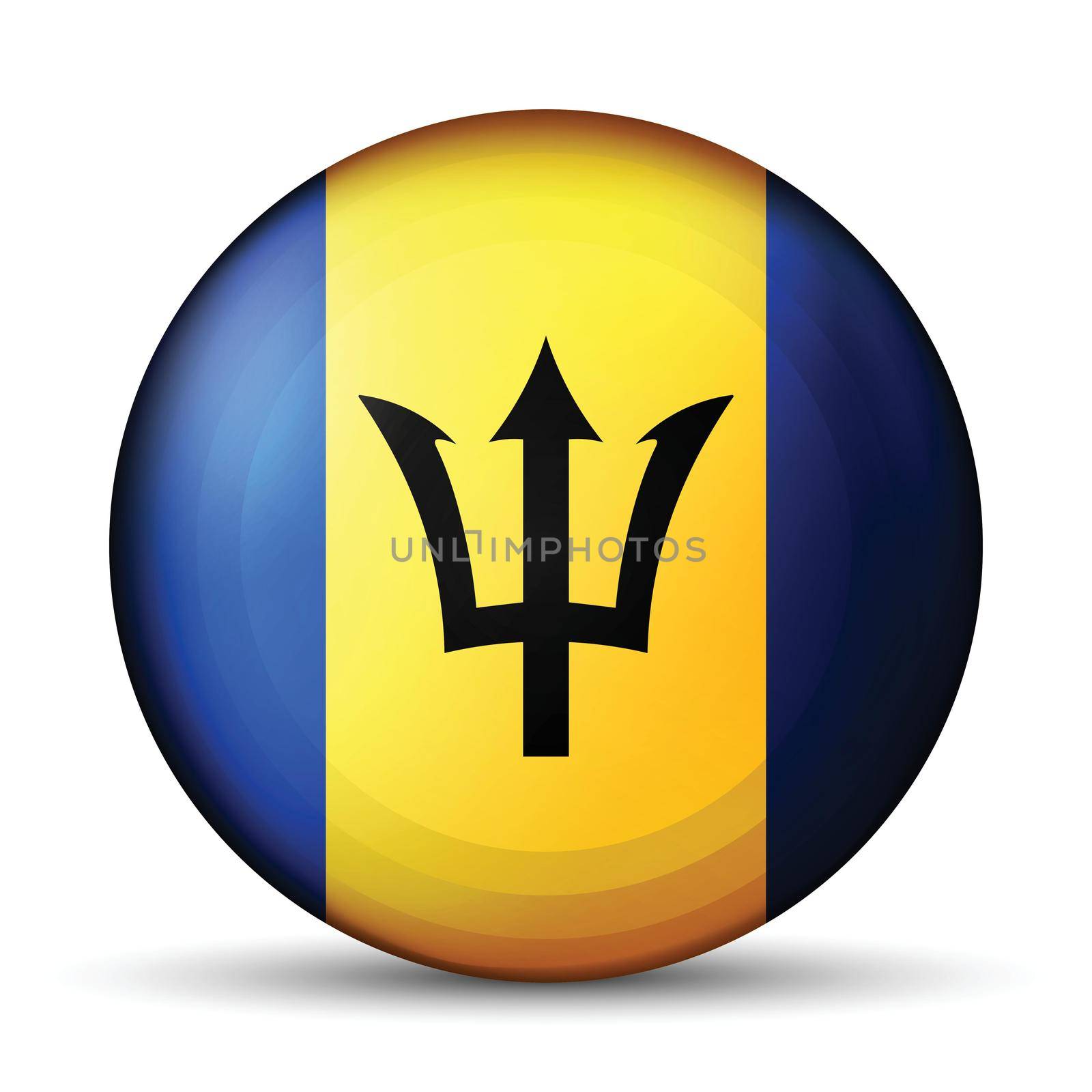 Glass light ball with flag of Barbados. Round sphere, template icon. National symbol. Glossy realistic ball, 3D abstract vector illustration highlighted on a white background. Big bubble.