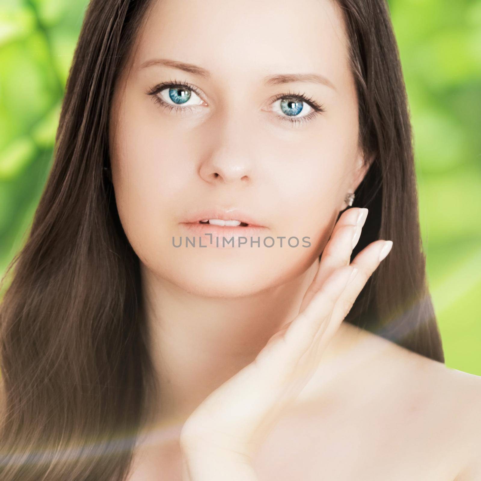 Beauty portrait of young woman for natural skincare and cosmetic brand, spring nature on background as wellness, health and organic beauty concept.