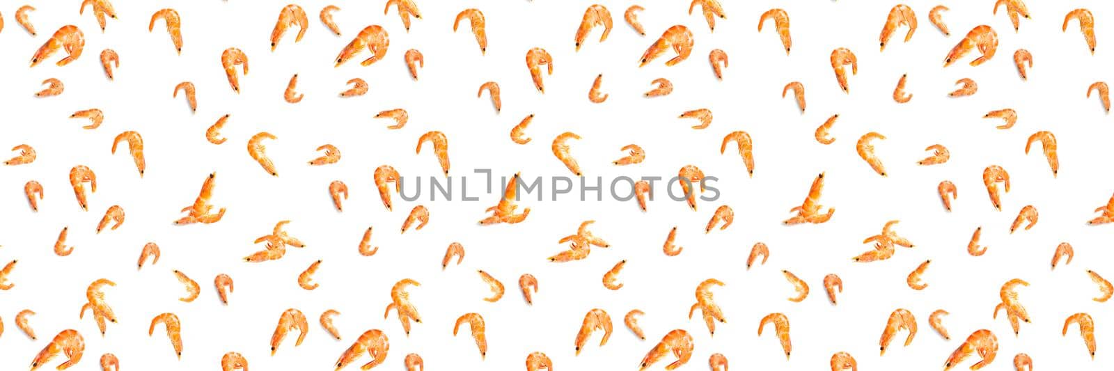 Tiger shrimp. Seafood background made from Prawns isolated on a white backdrop. modern background from boiled shrimps, Seafood. not seamless pattern by PhotoTime