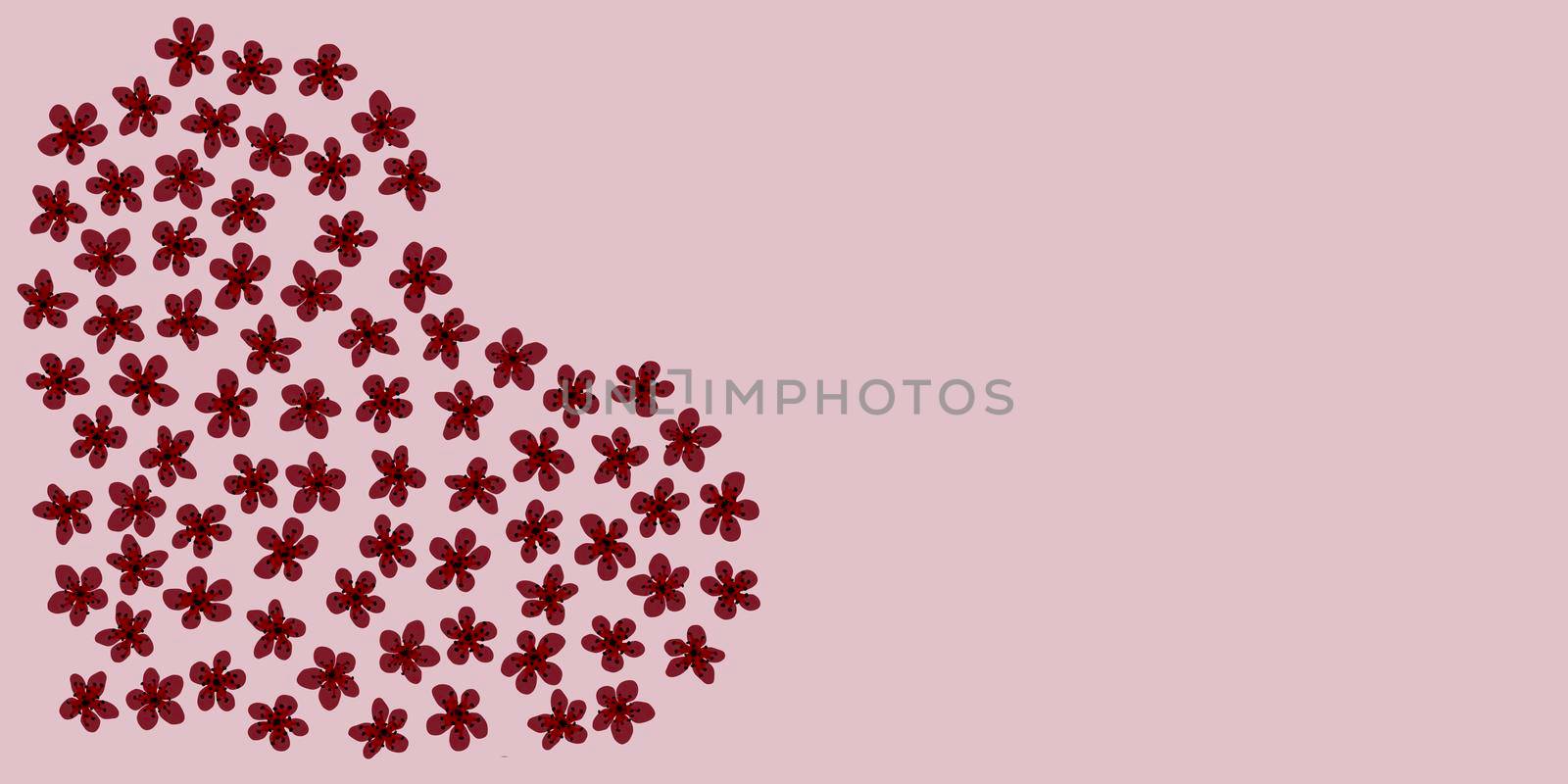 Modern Business card Design Template with heart made of cherry color sakura flowers decoration on pink background. Template of premium gift voucher, discount coupon, Greeting card, packing. Copy space