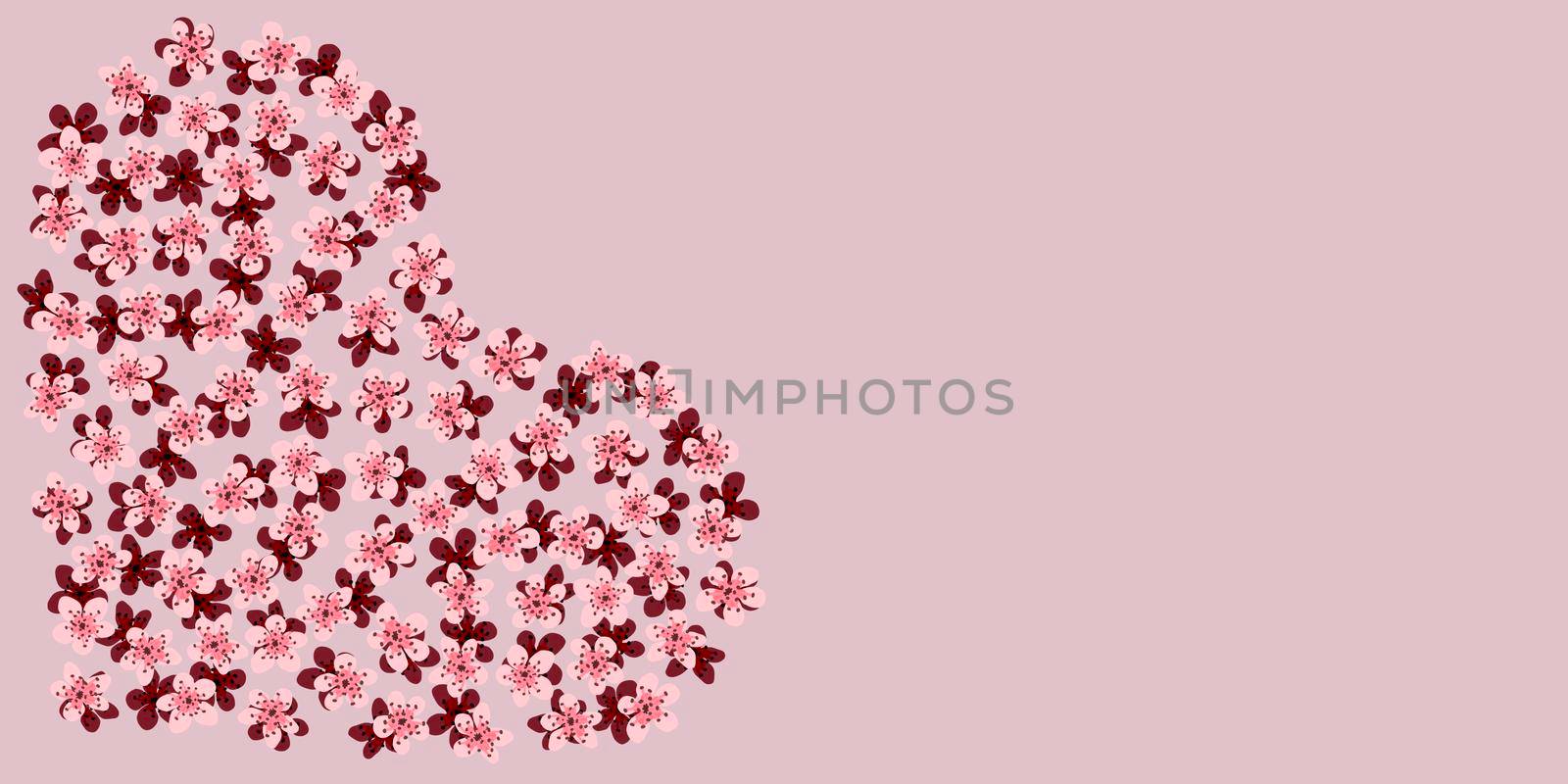 Modern Business card Design Template with heart made of pink,cherry sakura flowers decoration on pink background. Template of premium gift voucher, discount coupon, Greeting card, packing. Copy space