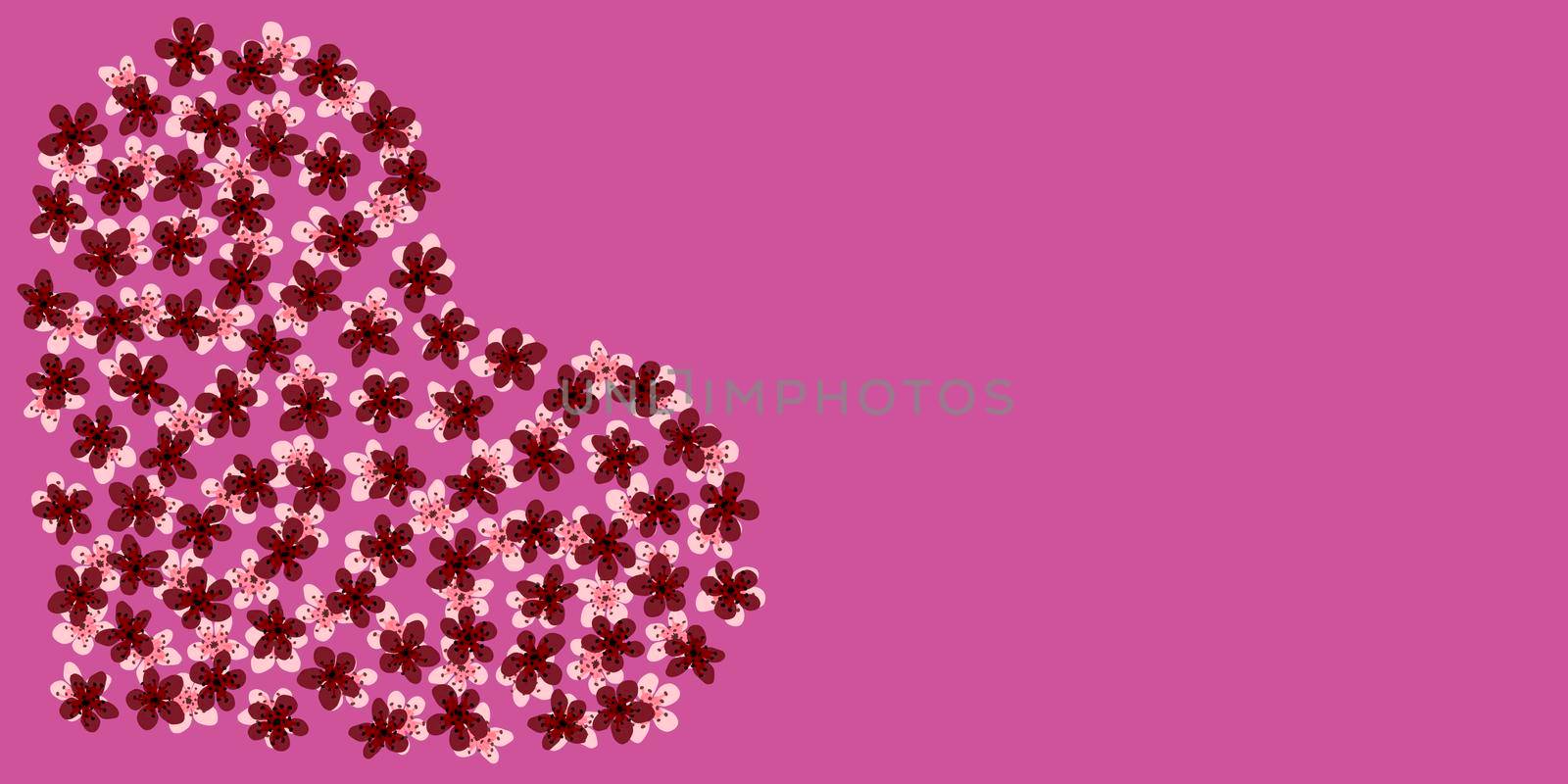 Modern Business card Design Template with heart made of pink,cherry sakura flowers decoration on purple background. Template of premium gift voucher, discount coupon, Greeting card, packing.Copy space