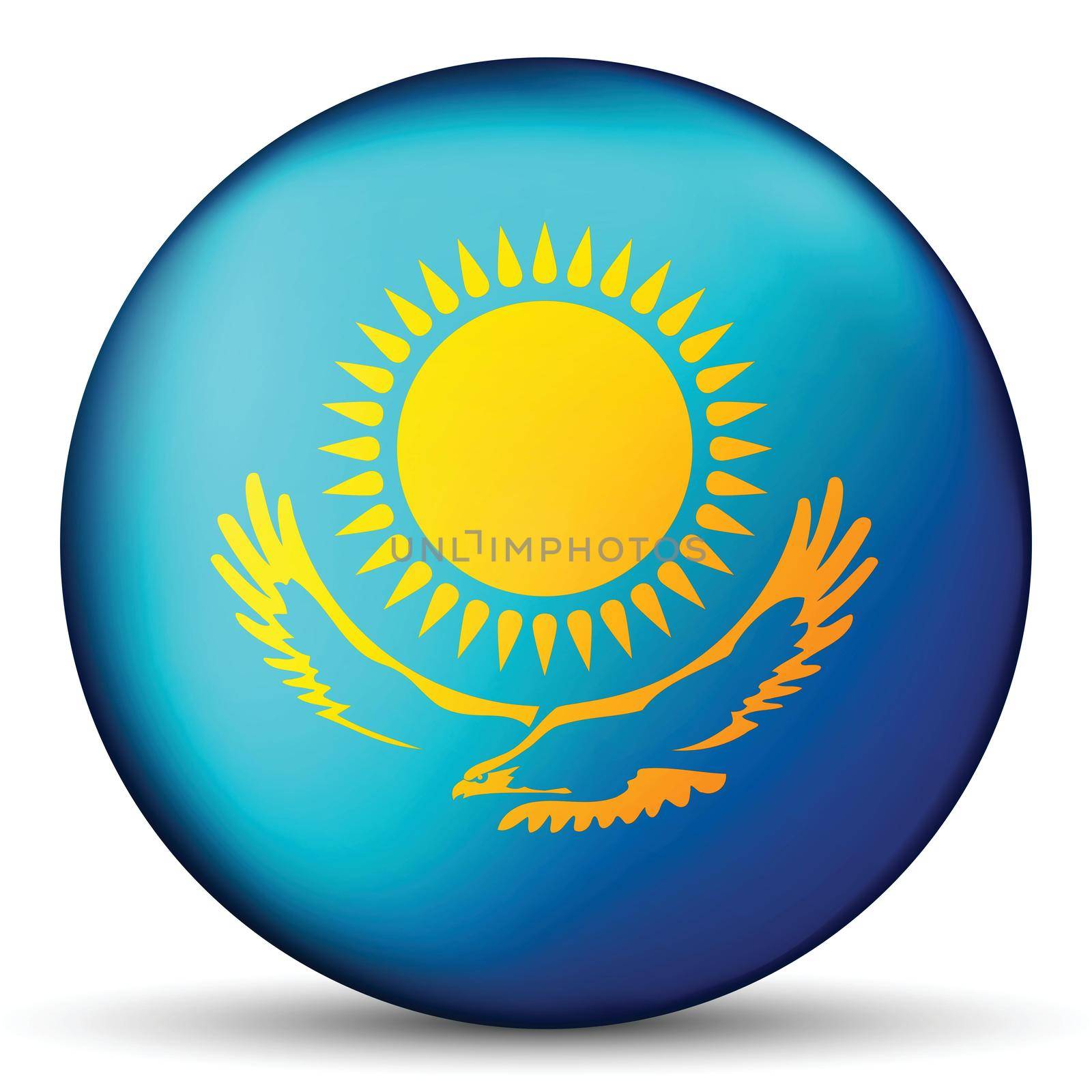 Glass light ball with flag of Kazakhstan. Round sphere, template icon. Kazakh national symbol. Glossy realistic ball, 3D abstract vector illustration highlighted on a white background. Big bubble.