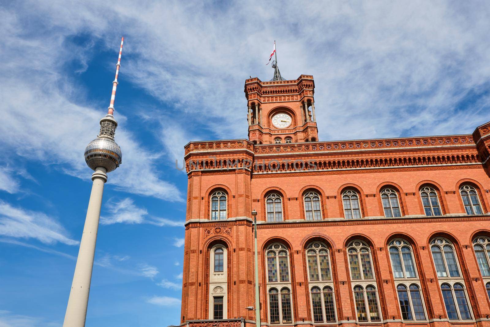 The famous TV Tower and the town hall of Berlin on a sunny day