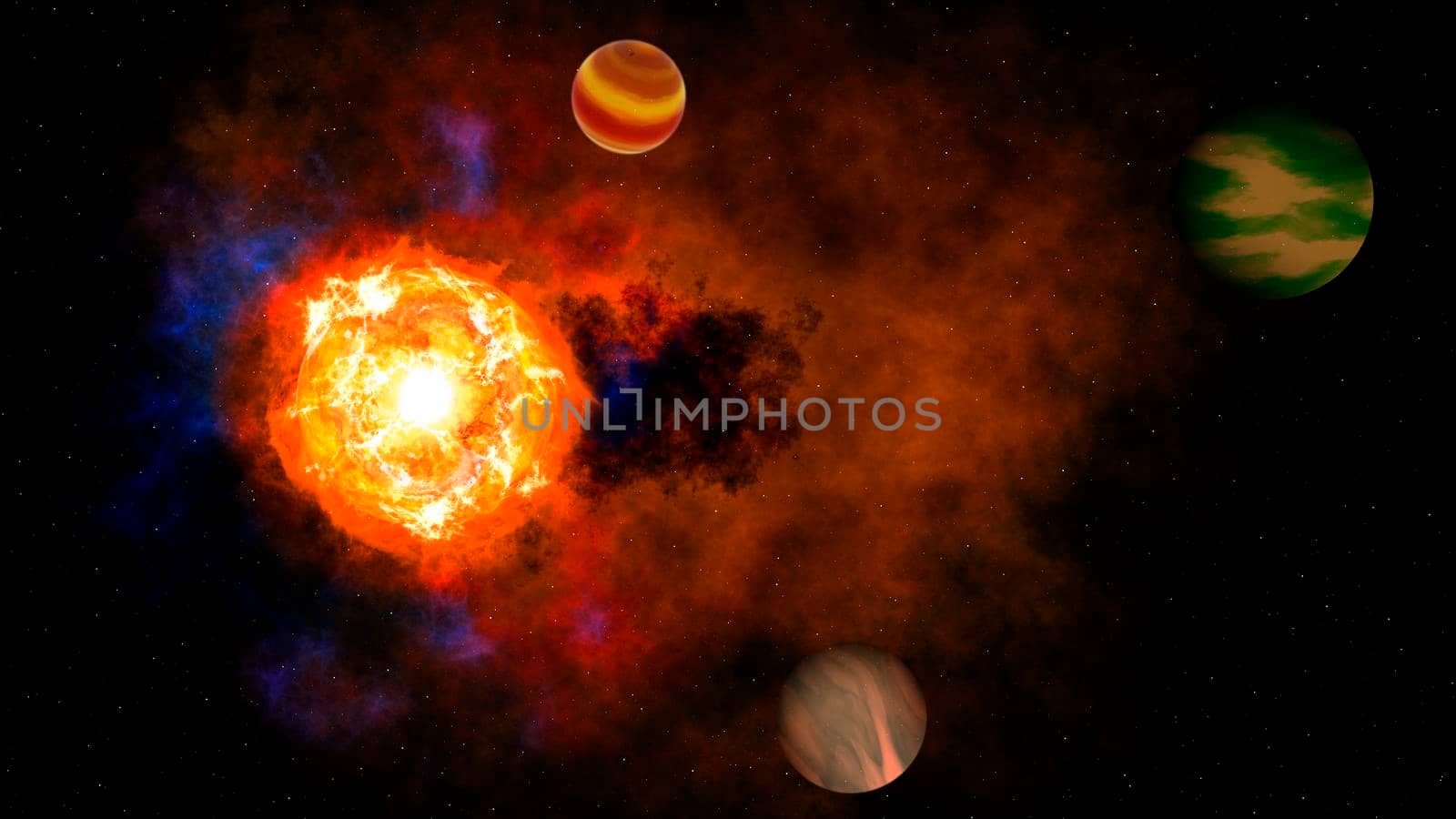 A colorful solar system with three planets that orbit the sun. Deep space illustration. by ankarb