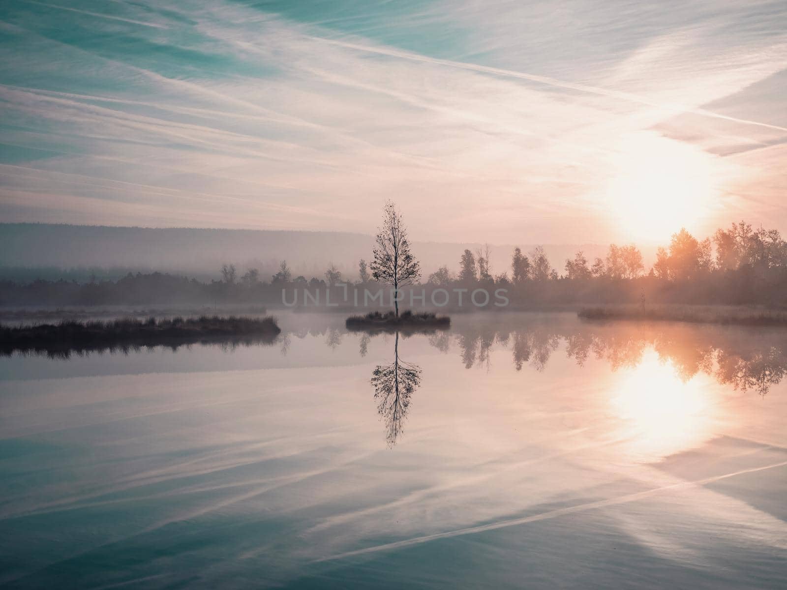 Chalupska slat lake at Borova lada, classic shot during a bright and vibrant pink and blue sunrise with foggy background. Chalupska Moor Lake in Sumava Mountains, Czech Republic