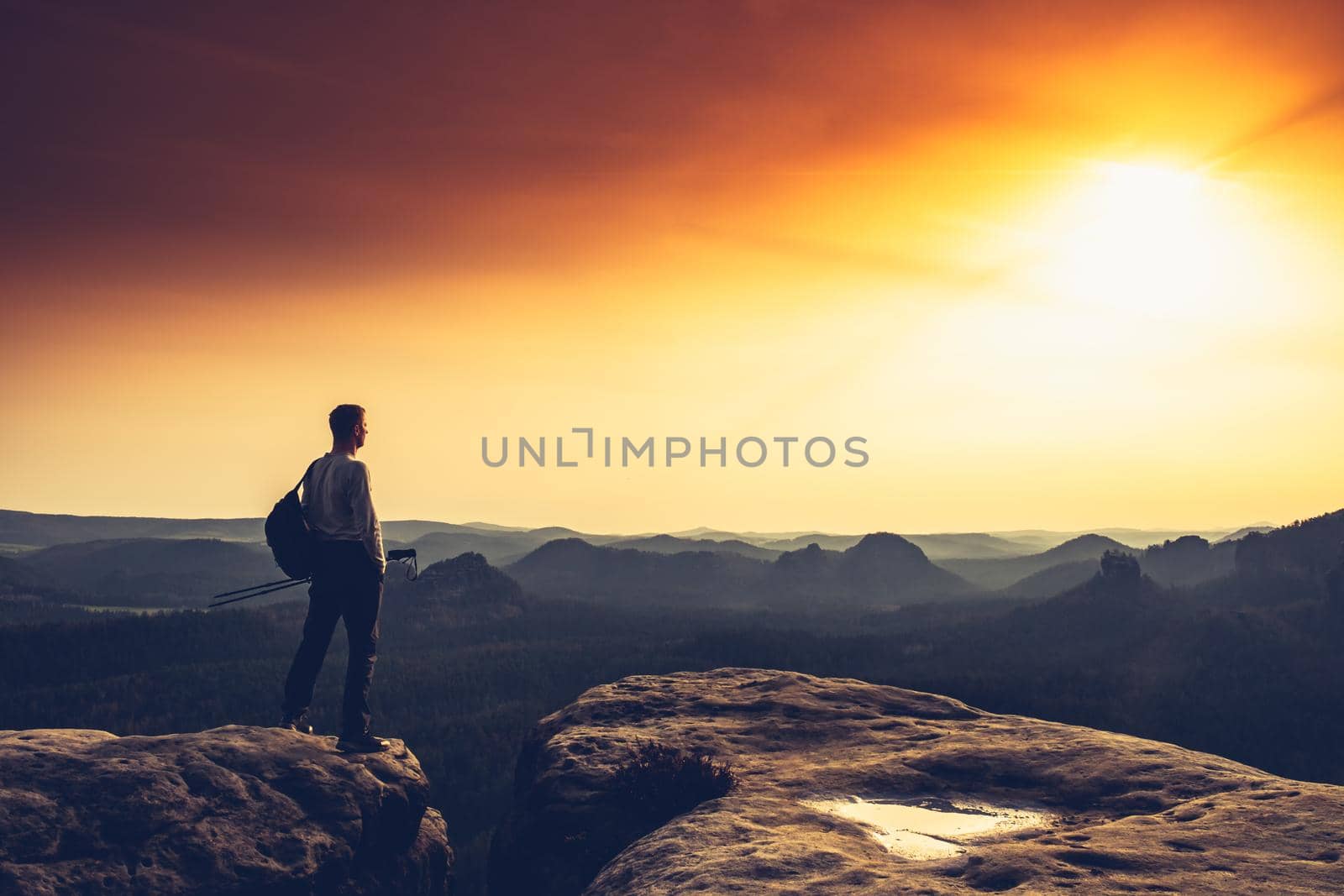 Winterberg daybreak view. Unique sandstone cliffs and deep misty valley by rdonar2