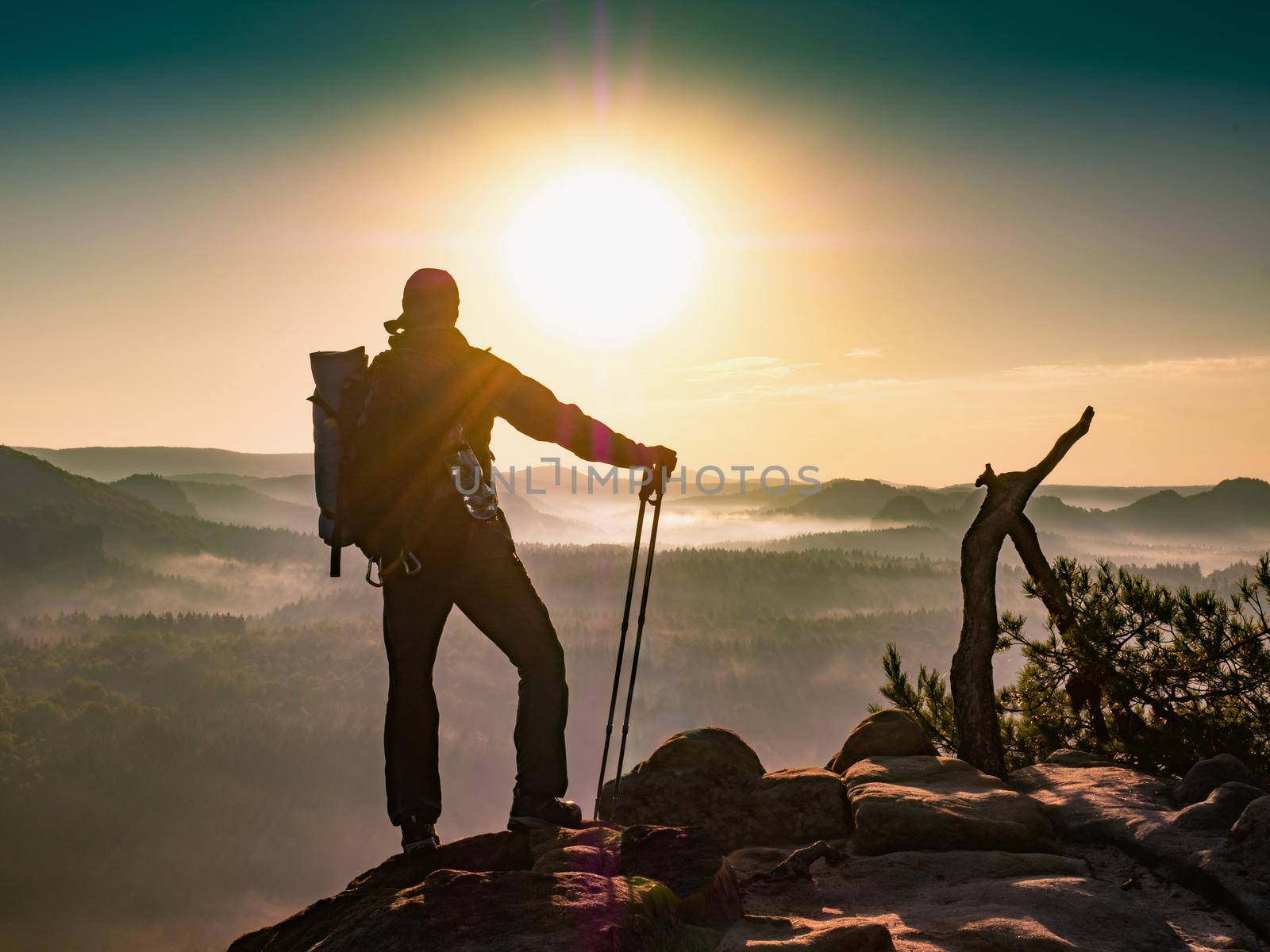 Hiker with backpack leaning on trekking poles staring into misty sunrise of Saechsische Schweiz park. Beautiful morning valley full of thick fog in orange colors. Saxony Switzerland, landscape Germany