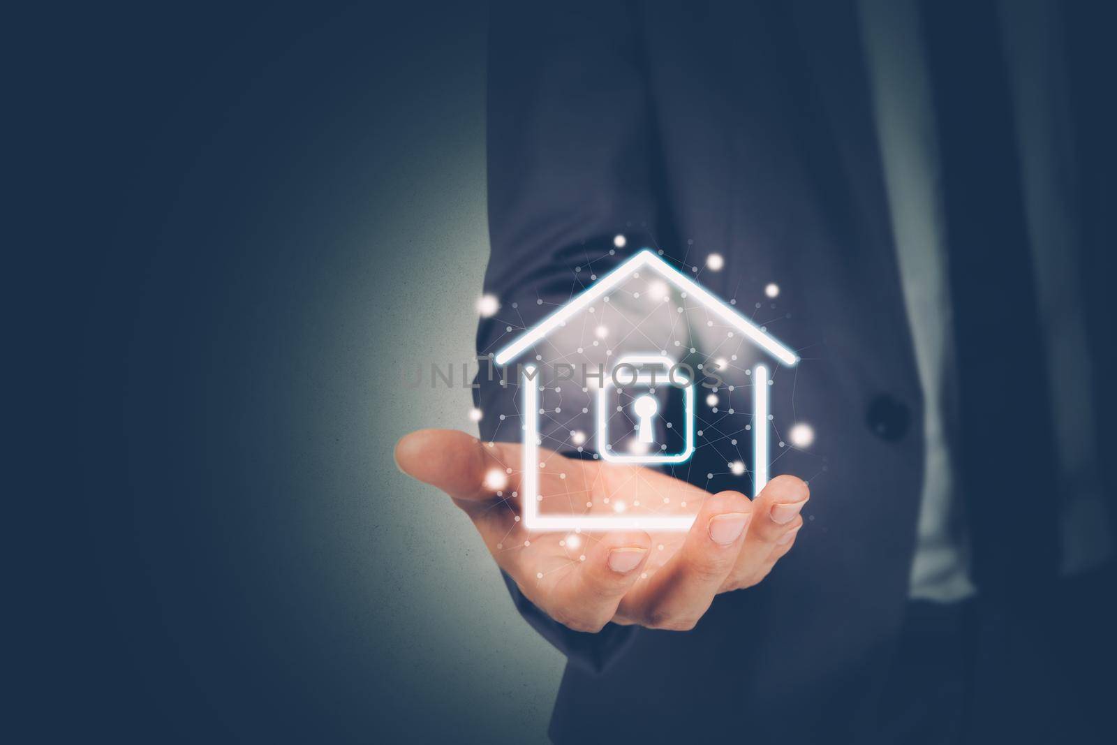 Security system with home for protection family, secure and access digital for residential, property and real estate with safe assurance, sign virtual lock for privacy about house, business concept.