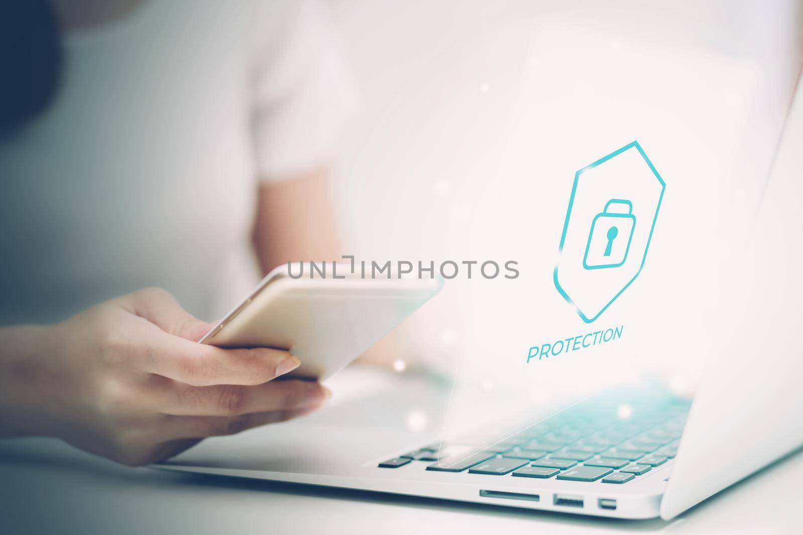 Digital network and cyber security for safe and privacy about data, businesswoman using laptop computer while display futuristic virtual lock login for protection crime and hacker, business concept.