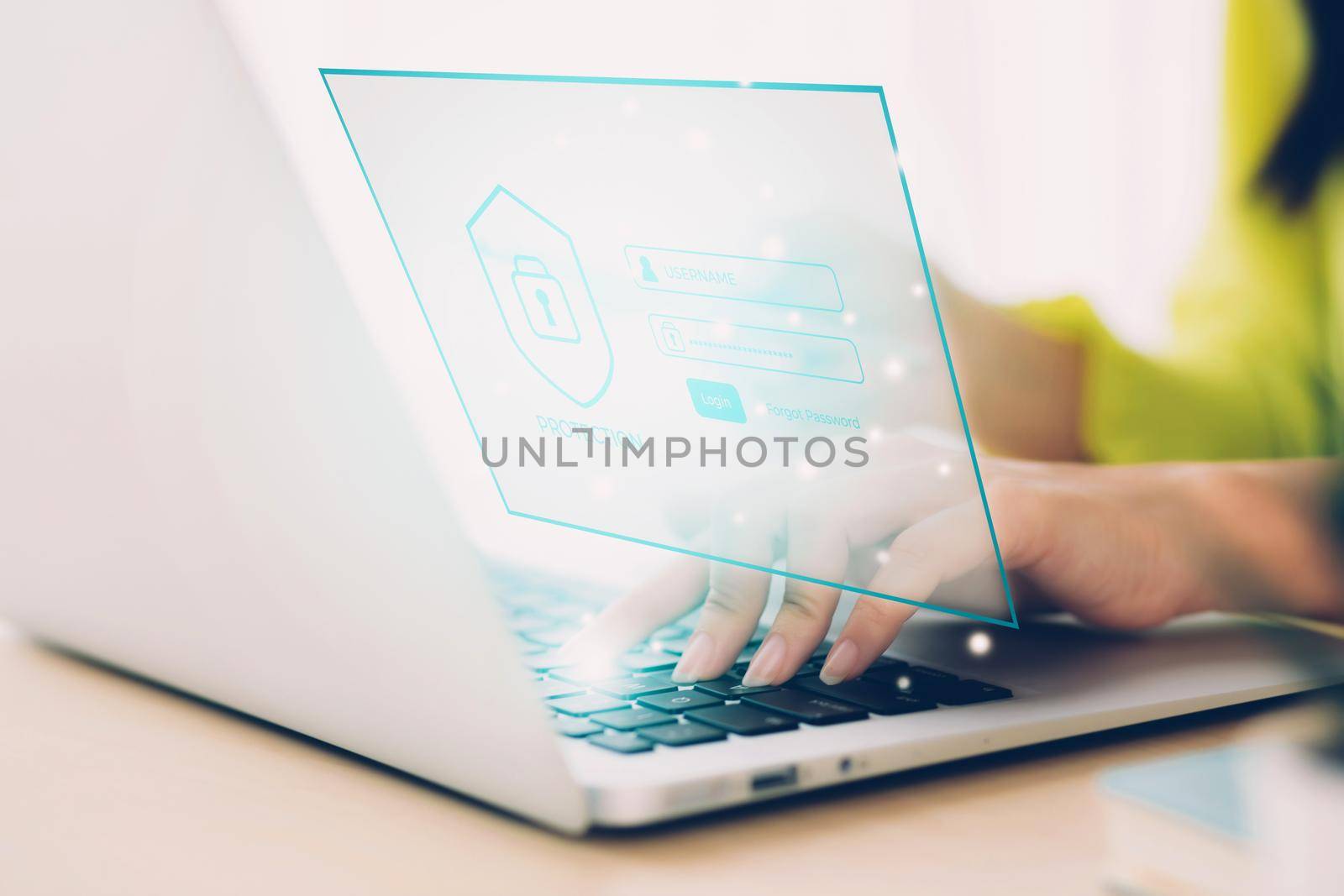 Digital network and cyber security for safe and privacy about data, businesswoman using laptop computer while display futuristic virtual lock login for protection crime and hacker, business concept.