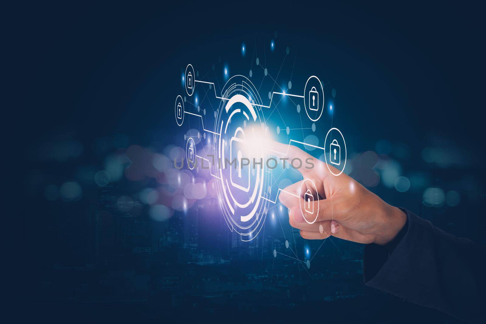 Finger of businessman pushing virtual lock icon while cyber security, access data and privacy with protection digital, innovation of system protect for identity, business futuristic concept.