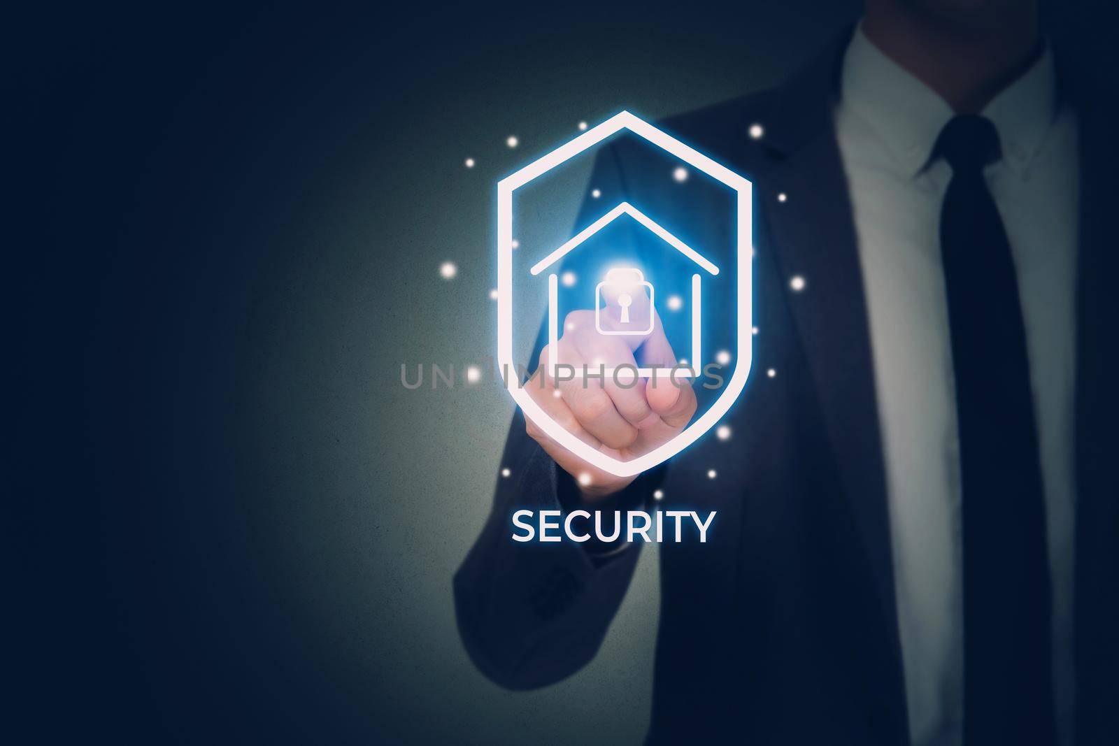 Hand of businessman pushing sign virtual lock while security system and safety with home for protection and privacy of family, secure and access digital for residential, business futuristic concept.