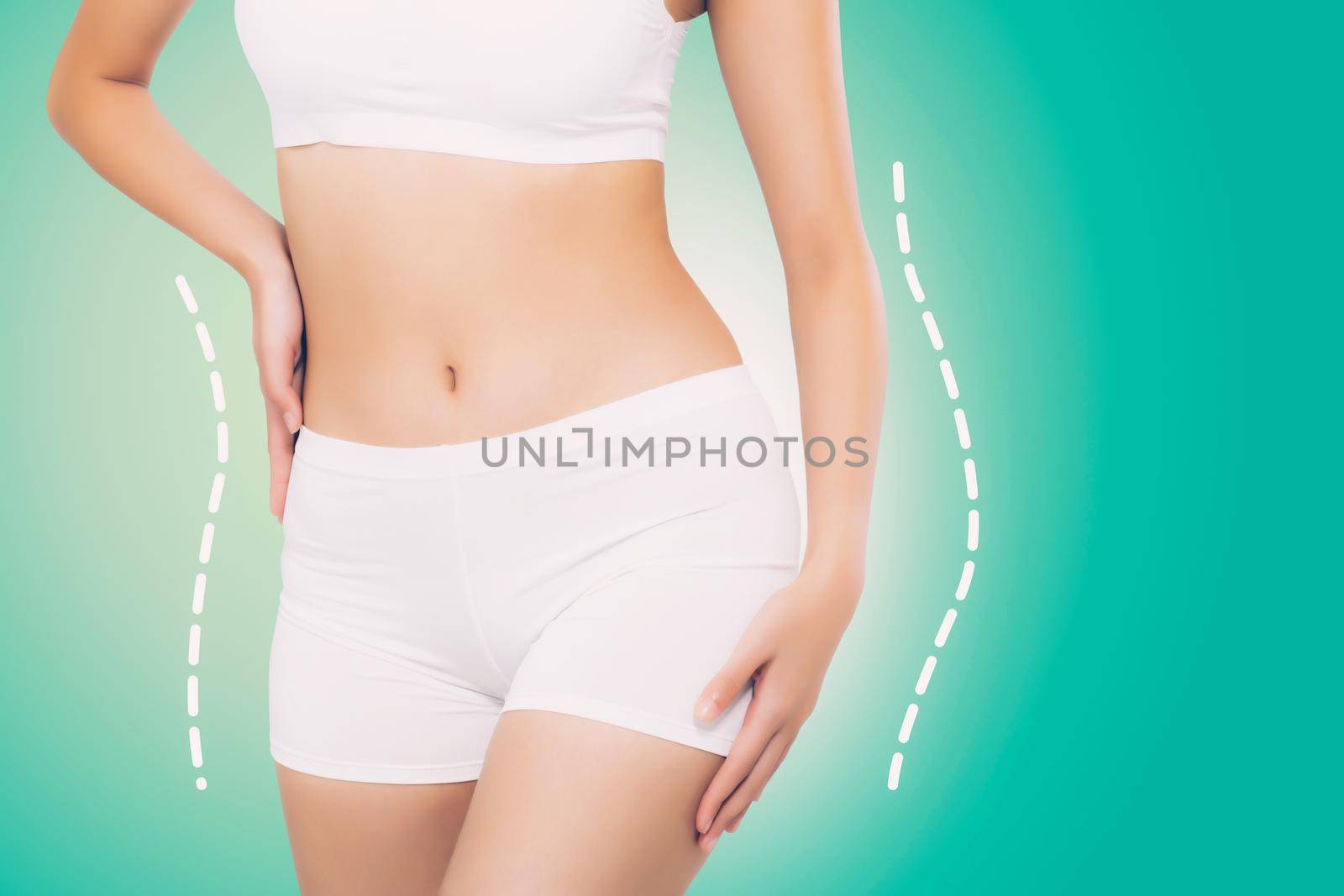 Beautiful sexy body woman with lines and curve with weight loss, skin of waist and cellulite, diet for health, shape body and belly wellness, beauty and healthy care, bodeycare and lifestyles concept.