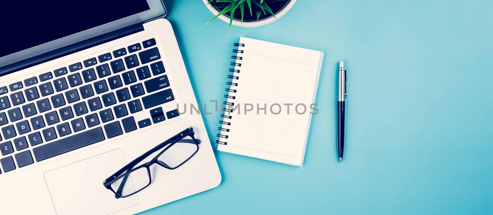 Flat lay of Laptop computer and plant and pen on desk in office, workplace and notebook and glasses and potted tree and book, workspace and copy space, top view, object with above, business concept.